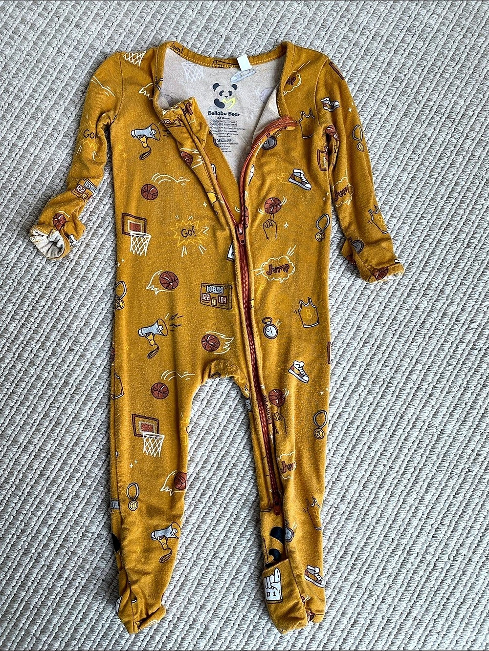Bellabu Bear Basketball Pups Bamboo Convertible Footie Baby 3M Yellow & Brown